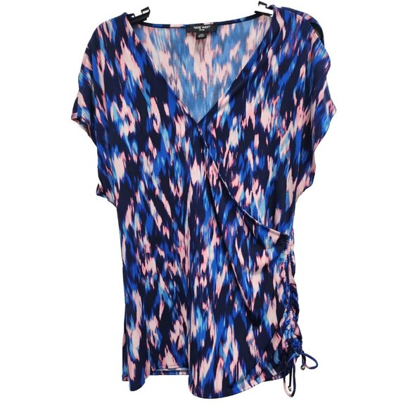 Nine West Womens Top Medium Blue Pink Ruched Surplice Cold Shoulder Wearable Art - Picture 1 of 9